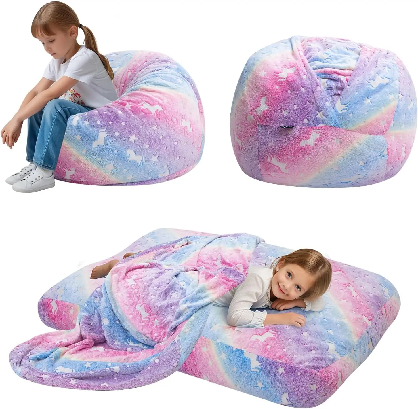 

Unicorn Bean Bag Chair for Kids, Convertible to Floor Mattress with Filler, Soft Rainbow Toddler Beanbag for Sleeping