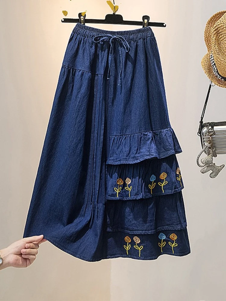 Minority ethnic style retro denim half skirt Korean version embroidered patchwork spring new design sense cake long skirt