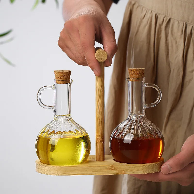 Household 300-350ml Heat-resistant Glass Oil Pot with Wooden Stand, Liquid Seasoning Bottle, Striped Sauce and Vinegar Oil Pot