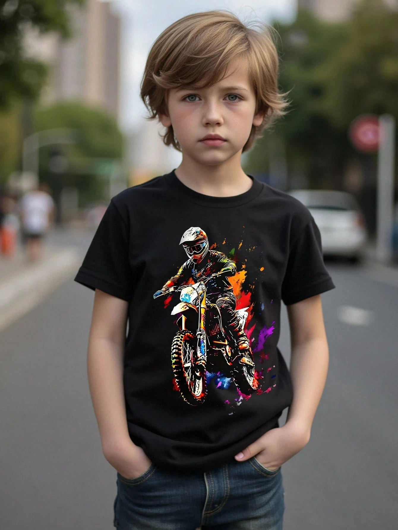 Cool Motorcycle Graphic Print Children T-Shirt Kid Tee Shirt Round Neck Surfing Beach Boy Girl Tshirt Summer Short Sleeve