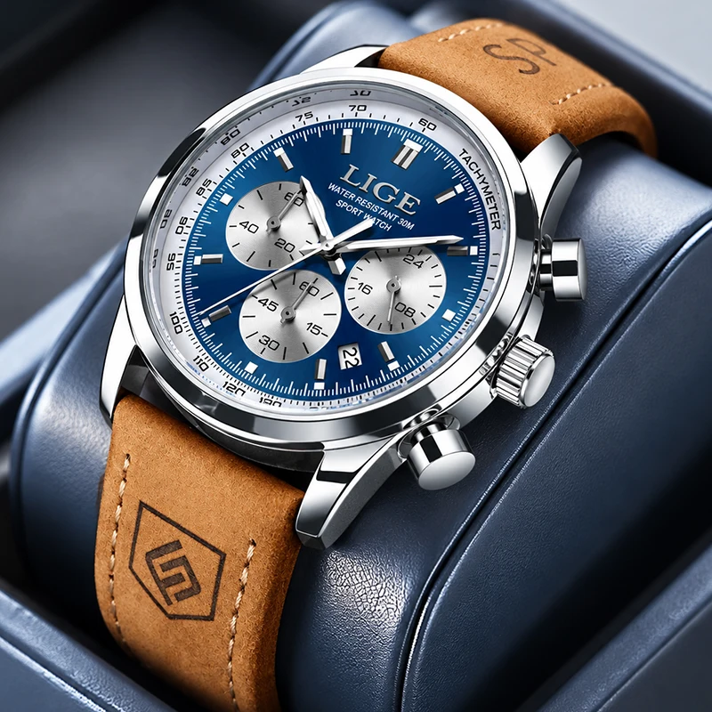 LIGE Luminous Watches for Man Luxury Brown Leather Waterproof Sport Men's Quartz Wristwatch Casual Business Date Chronograph