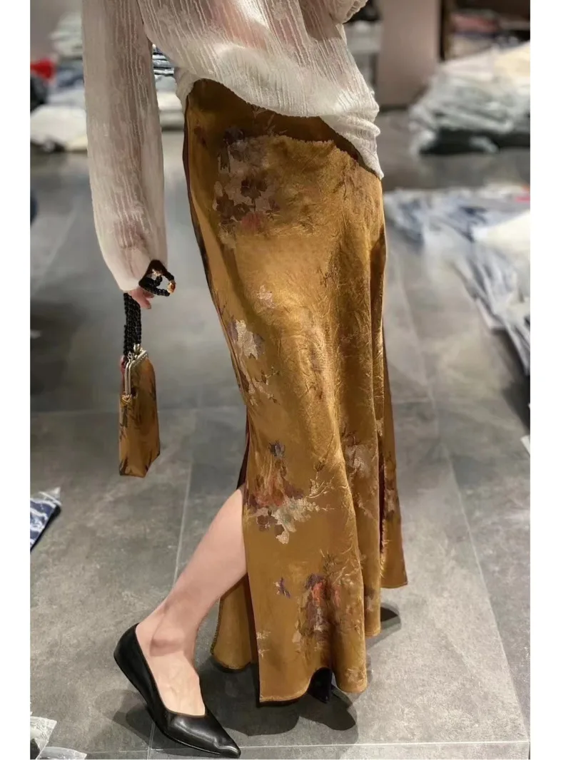 

Women Elegant Gilded Printed Pleated Skirts Korean Fashion High Waist Overskirts For Vintage Fishtail Long Skirts Summer KJK3