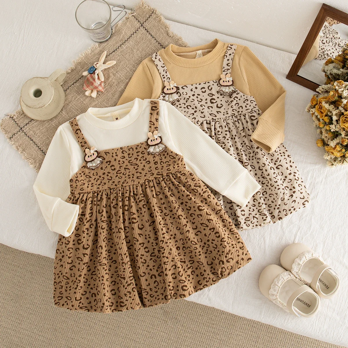 

New Cute Leopard Print Baby Girl Dress - Fake Two-Piece Long Sleeved for Spring & Autumn (9M-3Y)