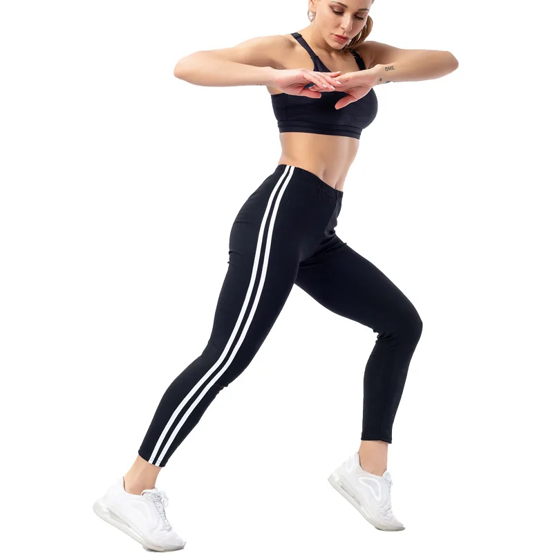 2025 nuevo modelo, pantalones casuales de tiras blancas laterales de moda para mujer, pantalones finos y finos de nueve puntos, pantalones de chándal elásticos para mujer