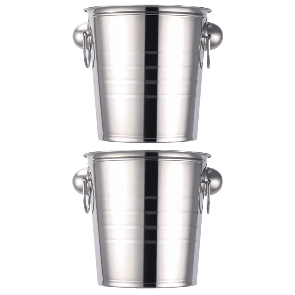 

2pcs Stainless Steel Ice Buckets Portable Small Beer Bucket 3L Capacity Bar Supply Metal Cube Container Silver Color