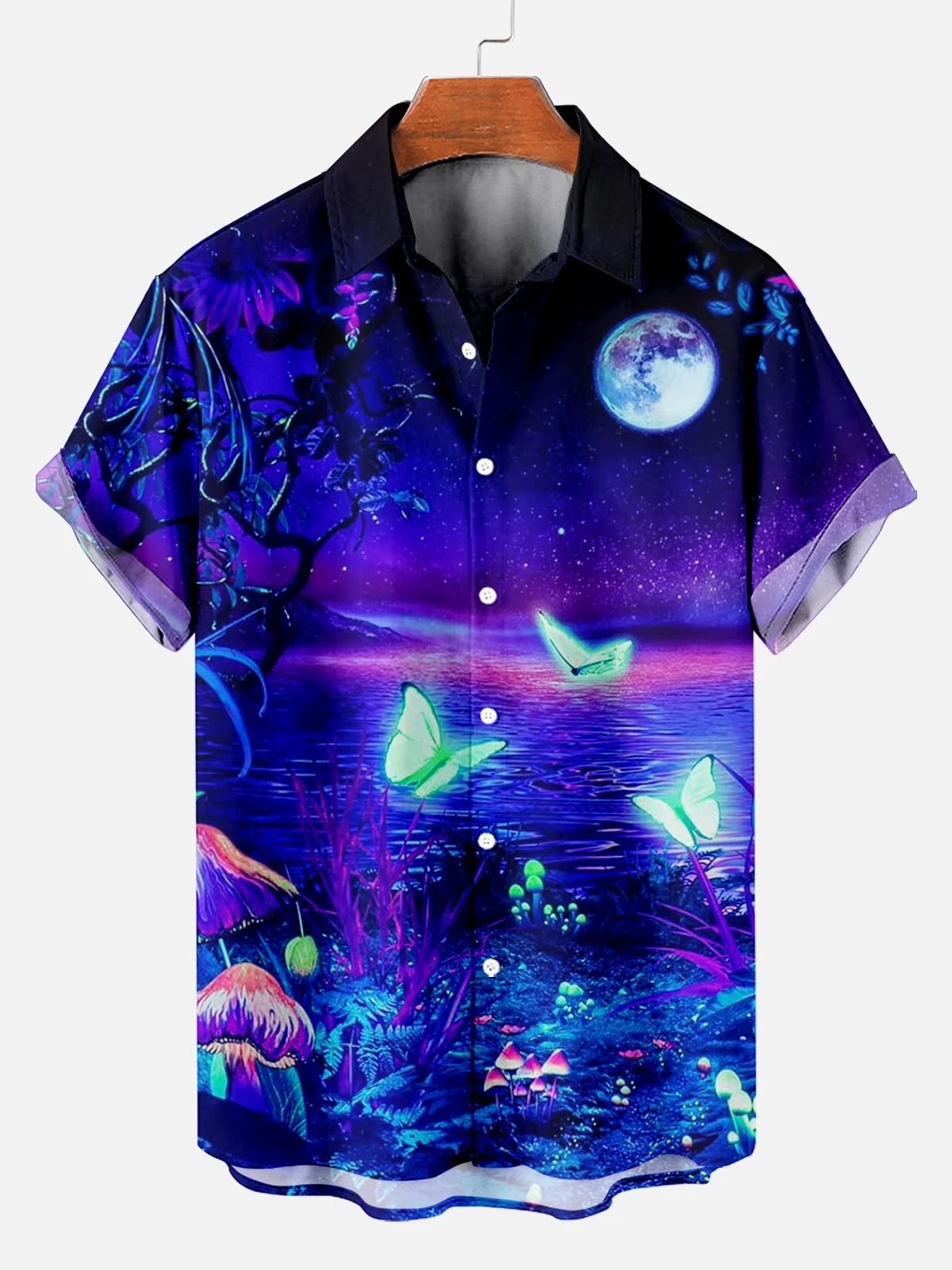 

Men's Vintage Mystical Night Sky Moon 3D Print Turndown Collar Shirt casual Short Sleeve Shirt Summer loose Shirts For Boys