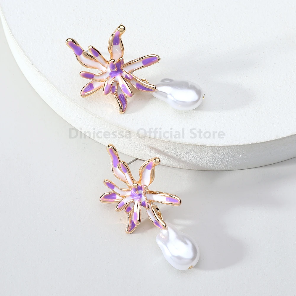Luxury Simplicity Enamel Metal Flower Imitation Pearl Dangle Earrings For Women Fashion Charming Pendant Jewelry Accessories image 4