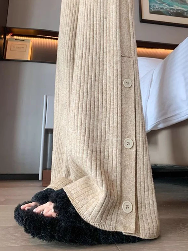 Comfortable High Waist Knitted Wide Leg Pants Women's Casual Straight Leg Pants Soft Wool Material Korean Style Simple Pure C...