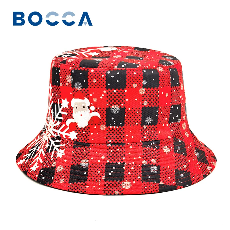 Bocca Christmas Bucket Hat Red Santa Claus Cartoon Fisherman Hats Plaid Pattern Panama Cap For Men Women Location Outdoor New