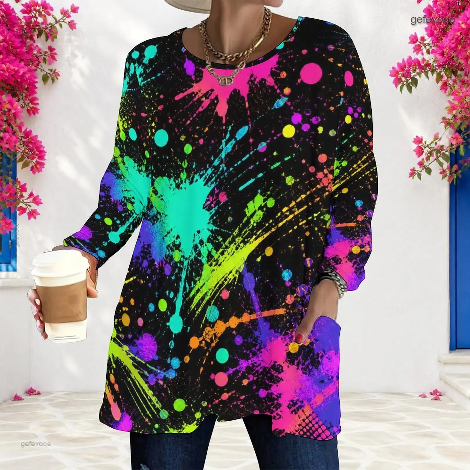 Women Cosmic Marble Splatter Print Round Neck Long Sleeve Loose Top with Pockets