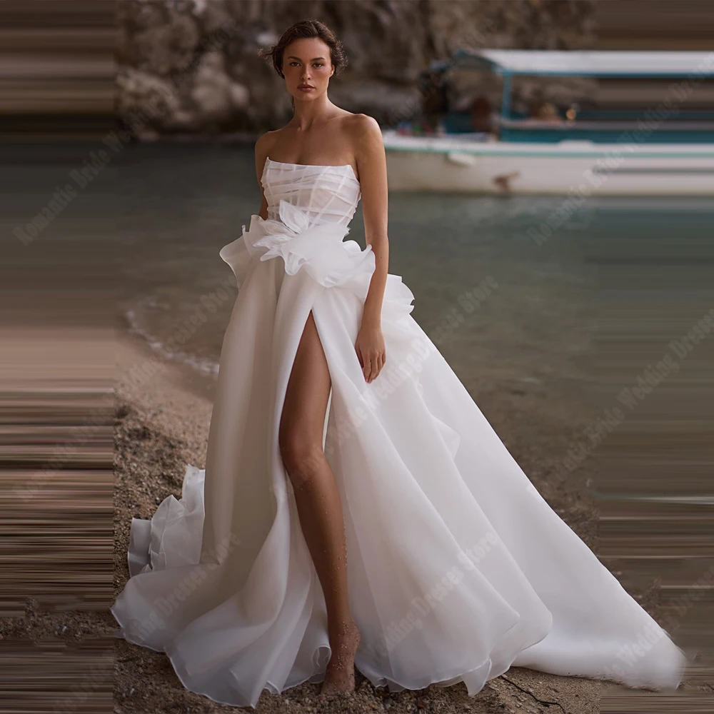 

Strapless Sleeveless High Slit Women Wedding Dresses Strapless A-Line Bridal Gowns Mopping Length Vestido De Novia Customized