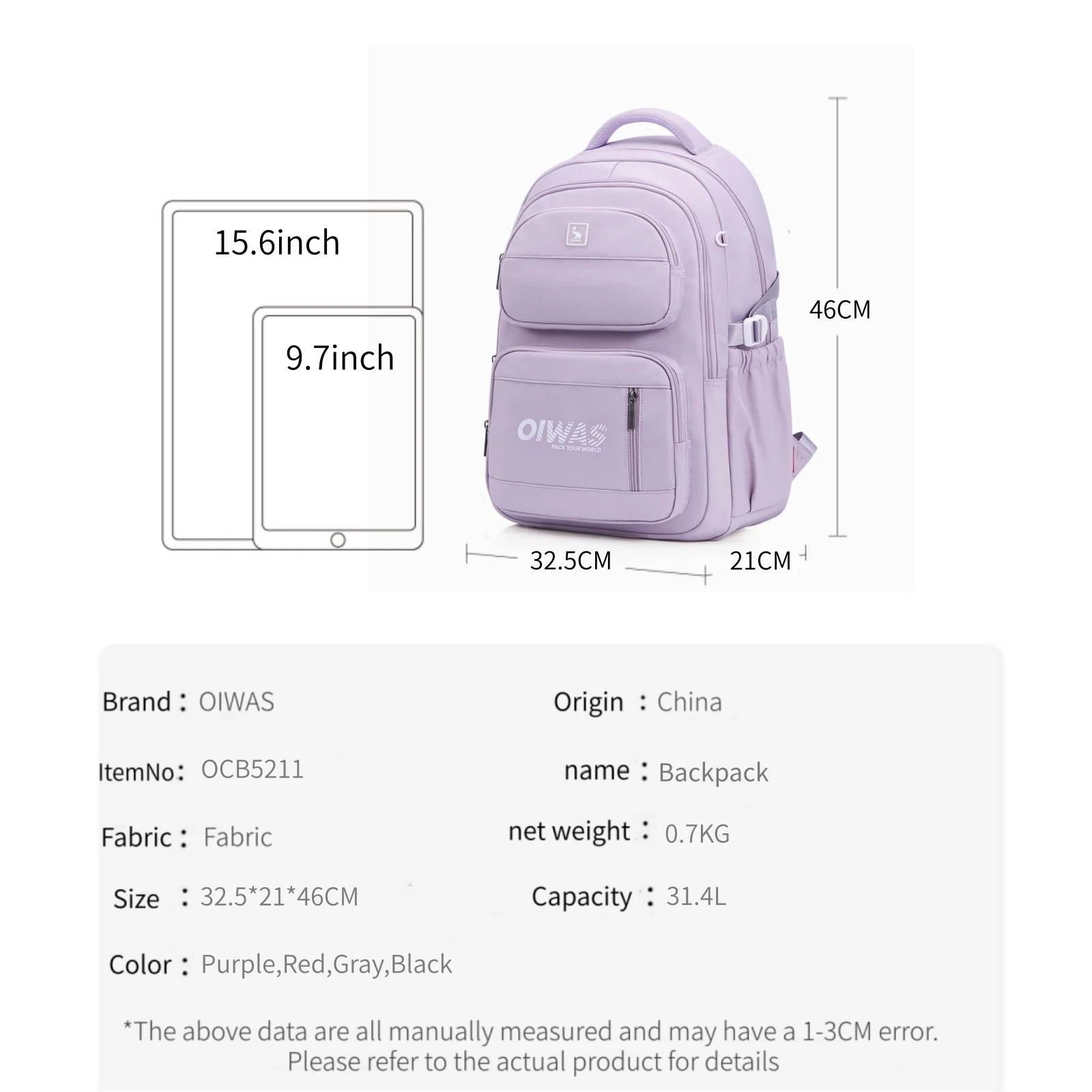 OIWAS Large Capacity Breathable Backpack for Students And Teenagers Suitable for School Daily Casual Outings