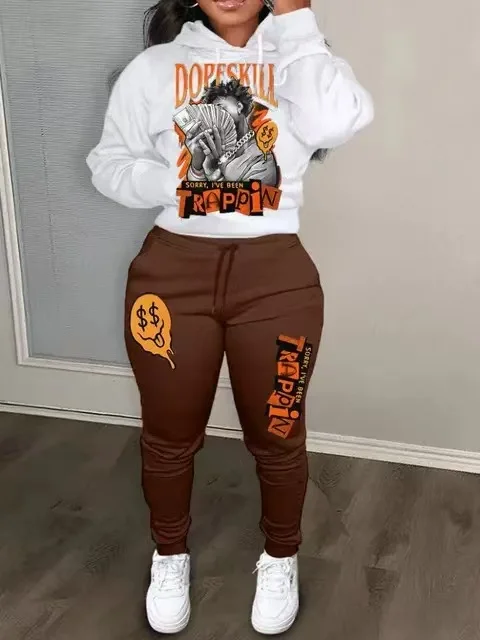 2025 New Fun Fashion Printed Women's Sports Shirt Set Hooded Pants Set Women's Slow Running Sports Shirt Two Piece Set
