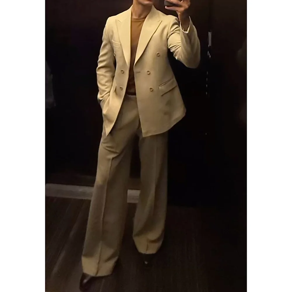 

Double Breasted 2 Pieces Men's Suits Peak Lapel Fashion Boutique Chic Male Suit Loose Casual Jacket Pants