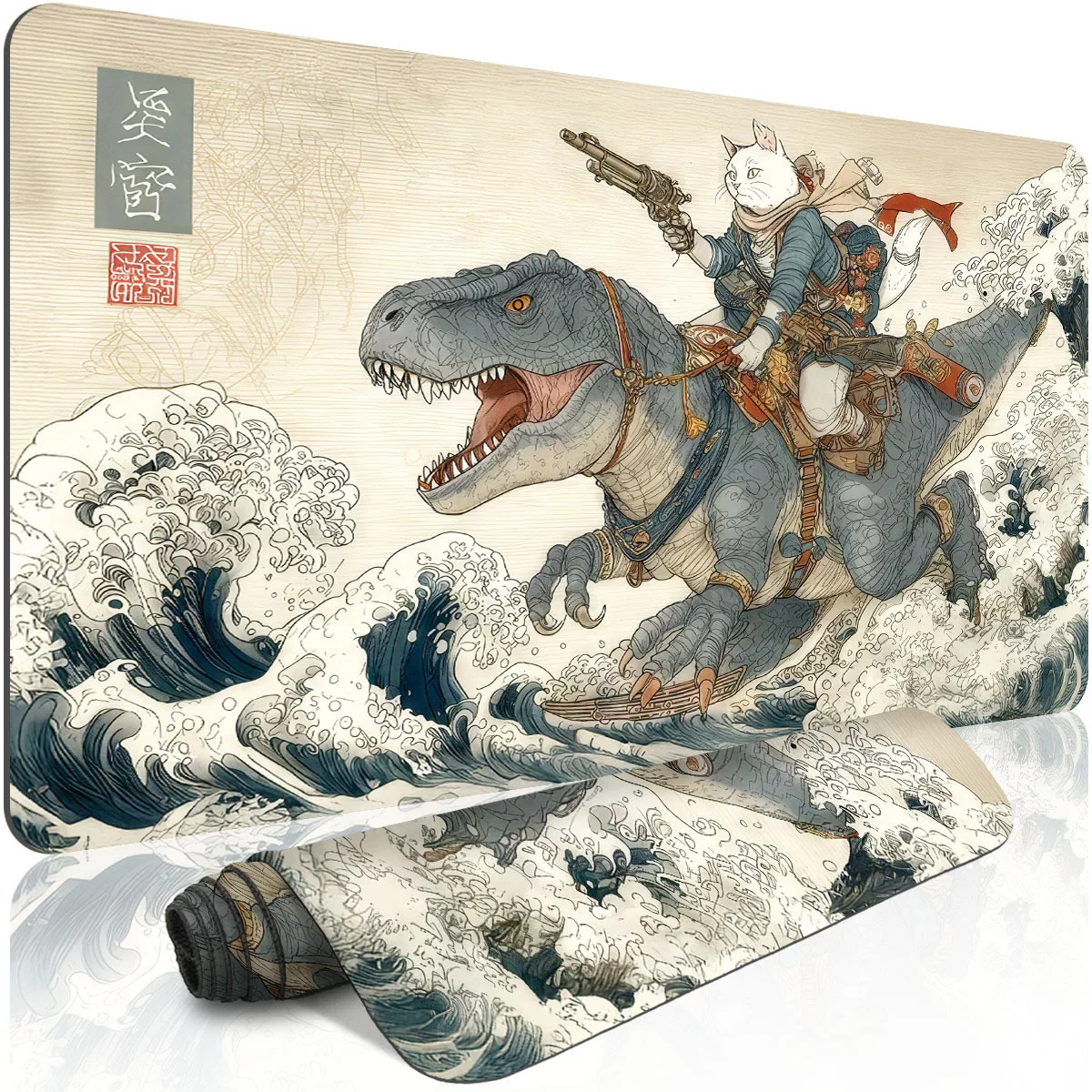 

Игровой коврик для мыши с изображением динозавра-кошки, катящегося на волнах, в японском стиле, увеличенный, прочный, нескользящий, для рабочего стола