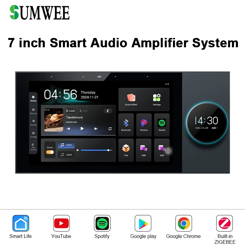 

7-дюймовый сенсорный экран TUYA, умная аудиосистема, Wi-Fi, Bluetooth, настенные усилители, встроенный шлюз ZIGBEE, Android 11, музыкальный контроллер