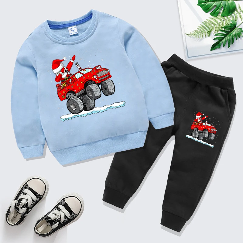 2Pcs Boys Girls Christmas Clothes Sets Cartoon Santa Claus Dabbing Truck Print Sweatshirts+Pants Tracksuits Kids Xmas Outfits