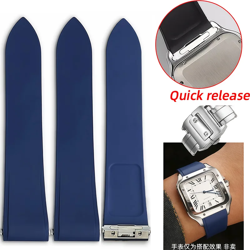 High quality FKM 21M rubber Watchband For Cartier Santos strap Metal Fold clasp accessories Fluorine rubber watch Chain Bracelet