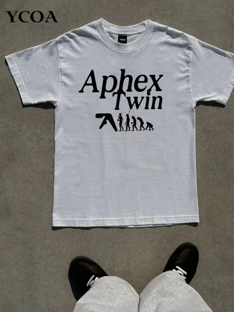 Men T-Shirt Aphex Twin Printed Graphic Cotton Harajuku Oversized Vintage Fashion Short Sleeve Tops Tees Y2k Streetwear Clothing