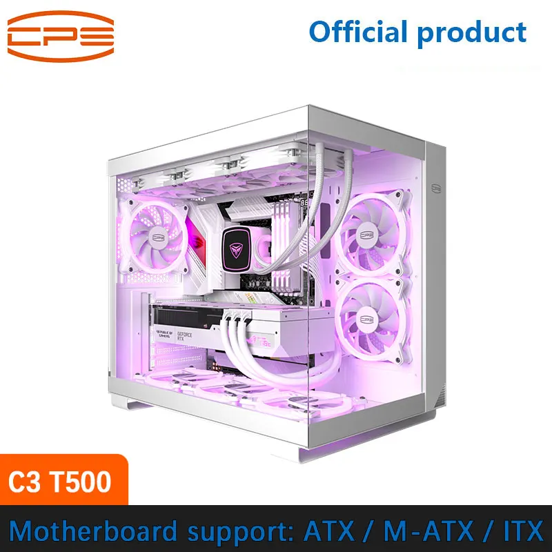 PCcooler 컴퓨터 케이스, 뒷면 삽입 설치 지원, 40 시리즈 그래픽 카드, 270 ° 유리 케이스, ATX M-ATX ITX, C3 T500