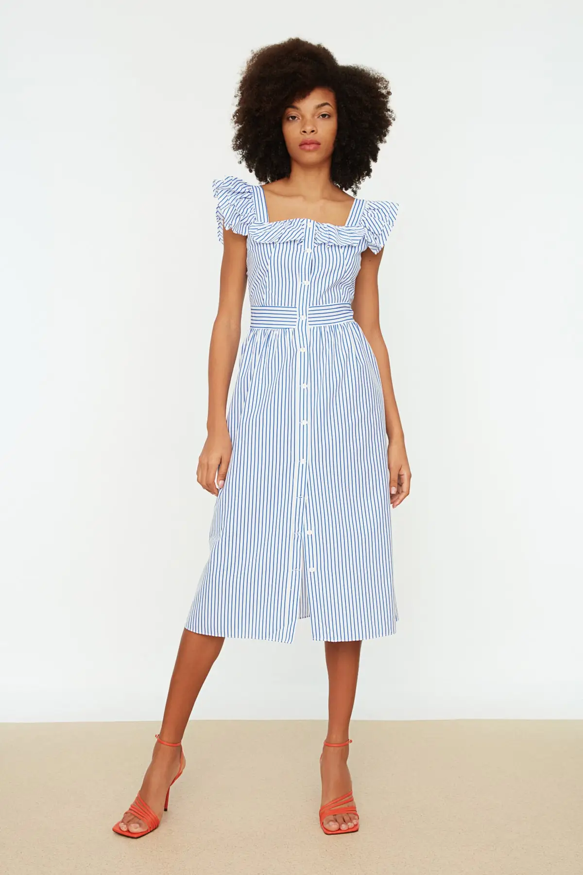 Blue Square Collar Frilly Striped Dress Beautiful And Elegant Look