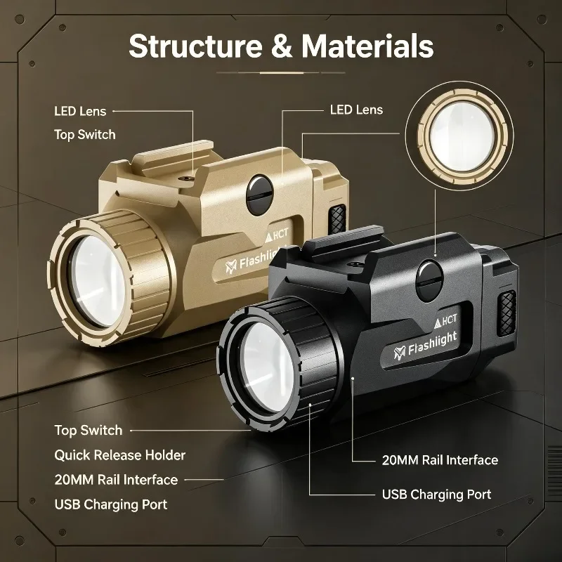 Universal Fit 800LM LED Flashlight USB Rechargeable Quick Release Mount Standard 20MM Rail