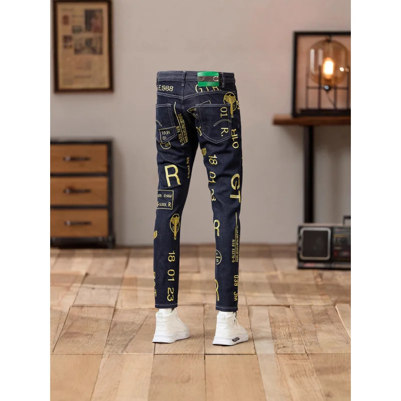 

Осенние джинсы оригинального цвета с вышивкой и принтом, мужские персонализированные модные дизайнерские облегающие легкие роскошные мужские брюки с небольшой ногой