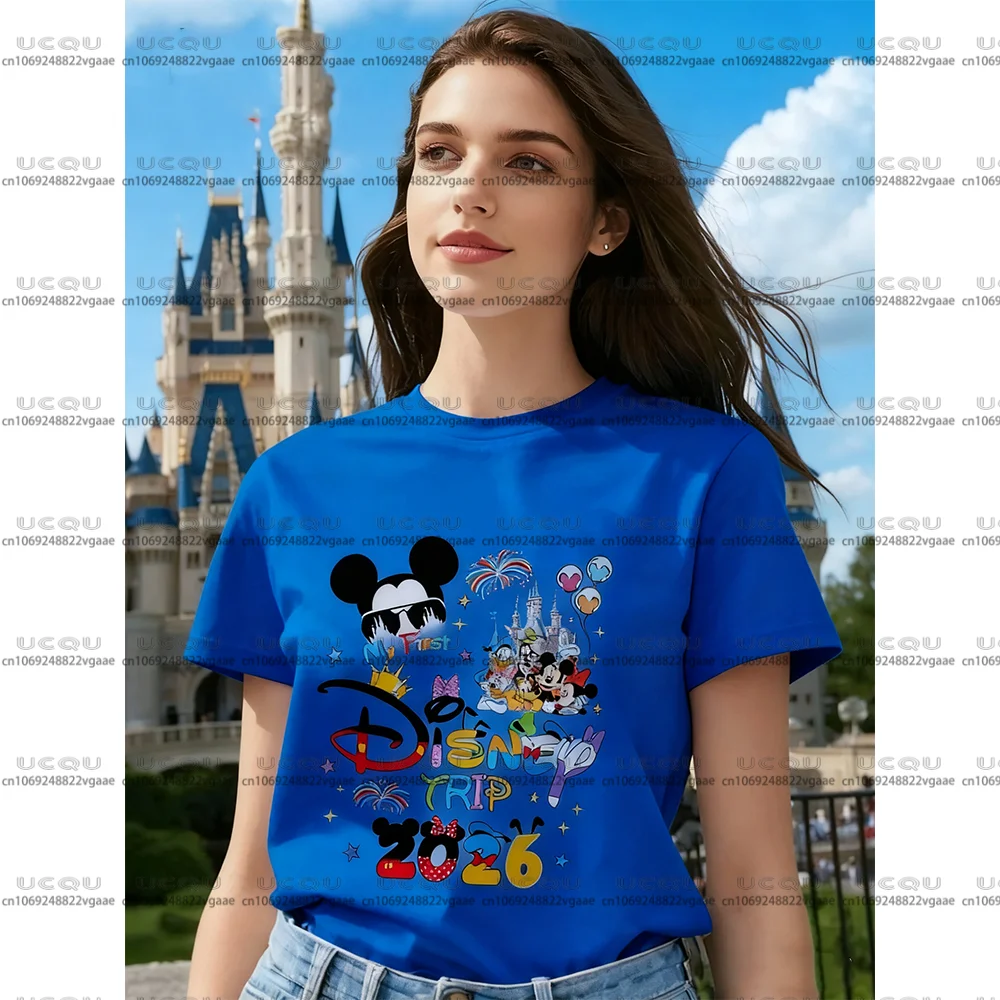 ديزني Y2k ملابس النساء الأسرة عطلة هدية زوجين ديزني لاند الفتيات تي شيرت المحملة 2026 القطن ميكي السنة الجديدة عيد الميلاد رحلة علوية #5