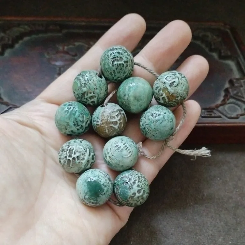 Antique collection old patina, round ancient carving technique green agate bead string eleven beads