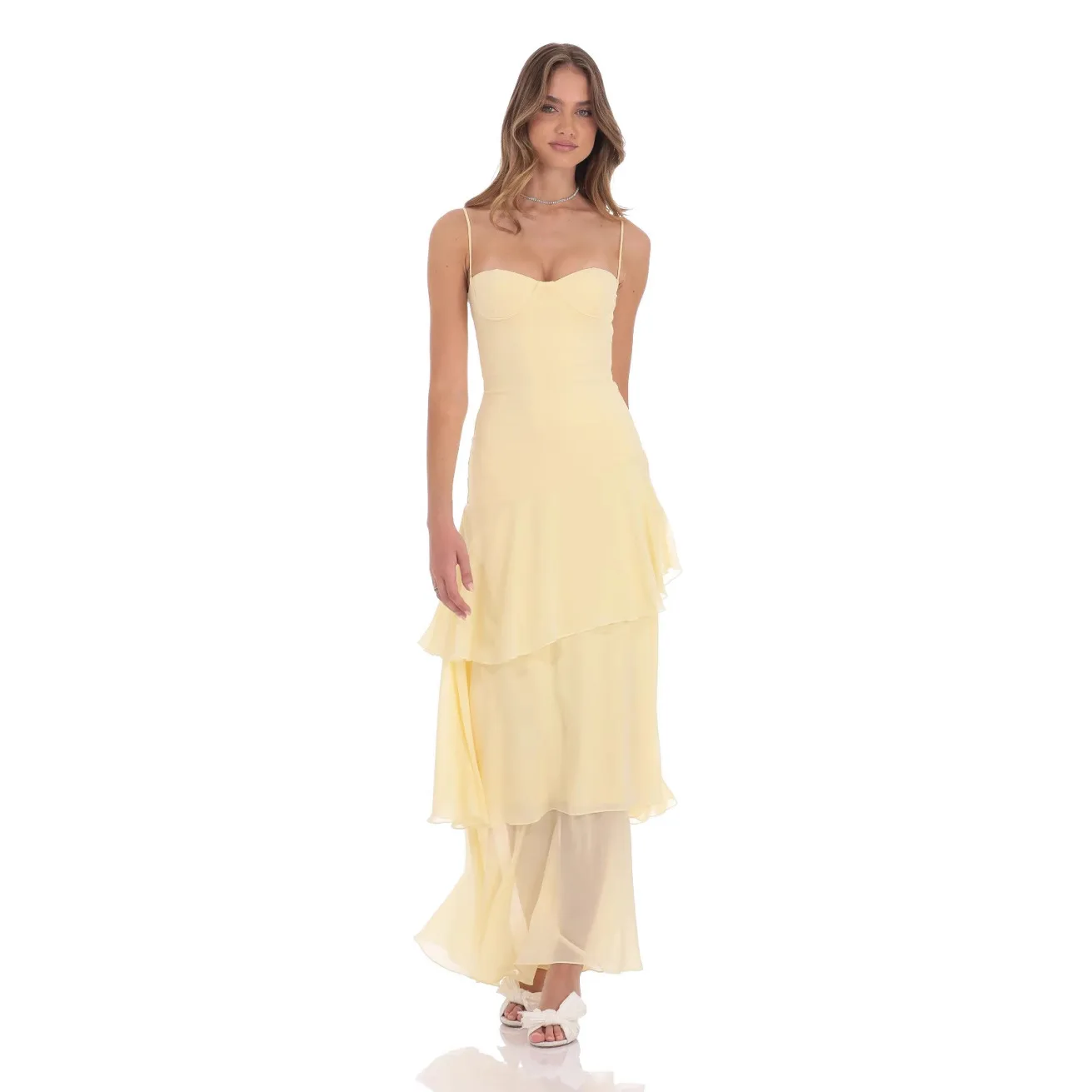 Vestido de Festa Sexy Sem Costas com Saia em Camadas, Vestido Slim Fit com Detalhes Psados e Design Bandage, Estilo Casual...