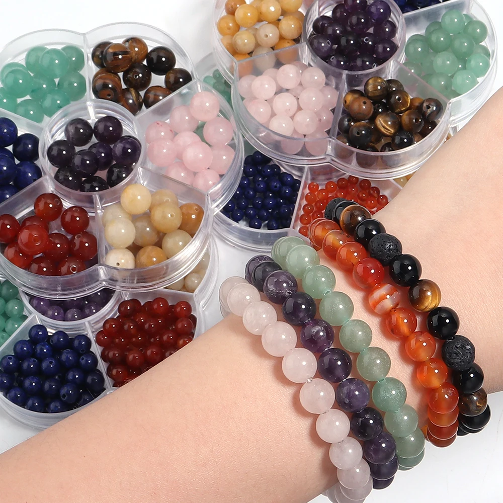 1 Box 4 6 8 10mm 7 Chakras Natural Stone Beads Box For Jewelry Making Kits Round Tiger Eye Amazonite Agates  Spacer Loose Stone