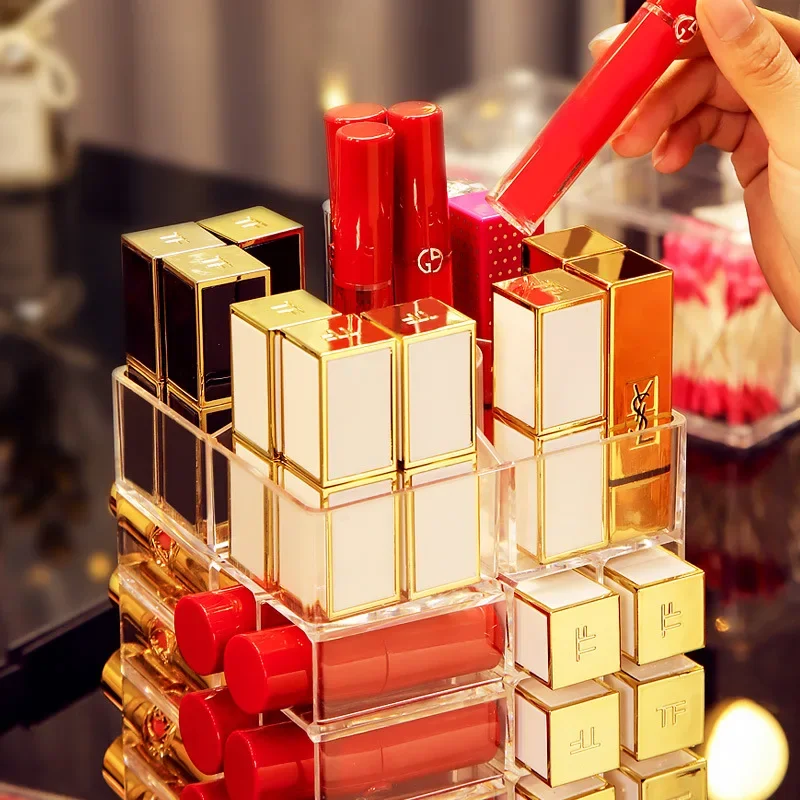 53 Lattices Acrylic Lipstick Tower 360 Degree Rotating Makeup Lip Gloss Storage Rack Nail Polish Organizer Cosmetic Display Case