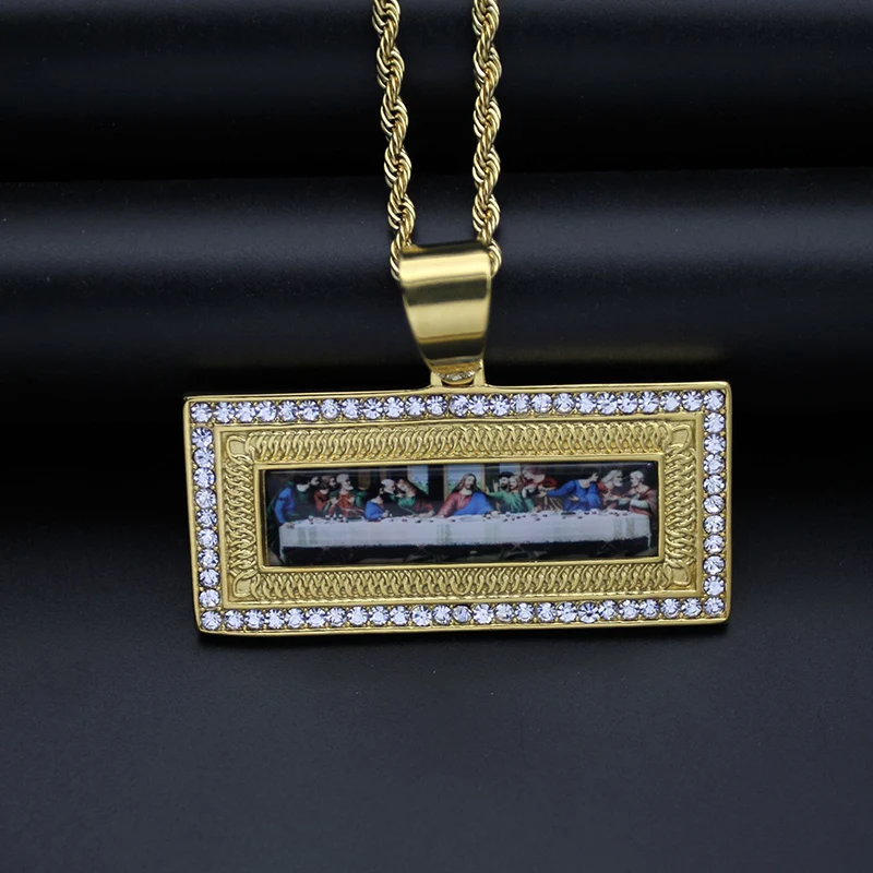 

Hip Hop Bling Iced Out Stainless Steel The Last Supper Square Pendants Necklaces for Men Rapper Jewelry Drop Shipping