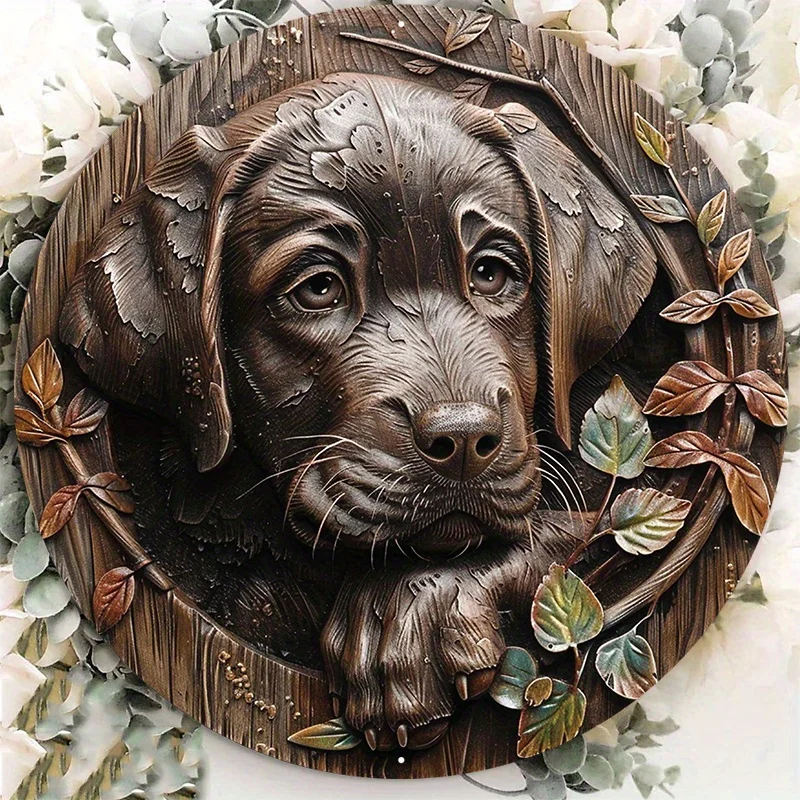 Aluminum Circular Metal Sign Plaque, Dog Decoration, Labrador Puppy Wood Plaque, Engraved Chocolate Lab, 8x8Inch, 1Pc