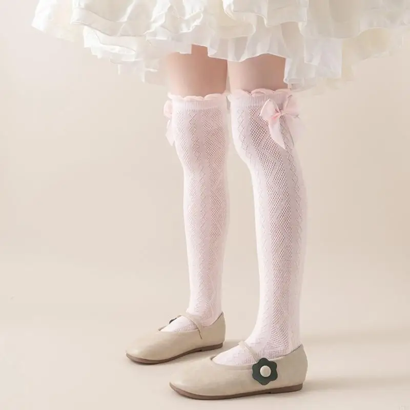 97BE Calcetines transpirables con ribete volantes y lazo sobre rodilla, calcetines suaves para eventos escolares