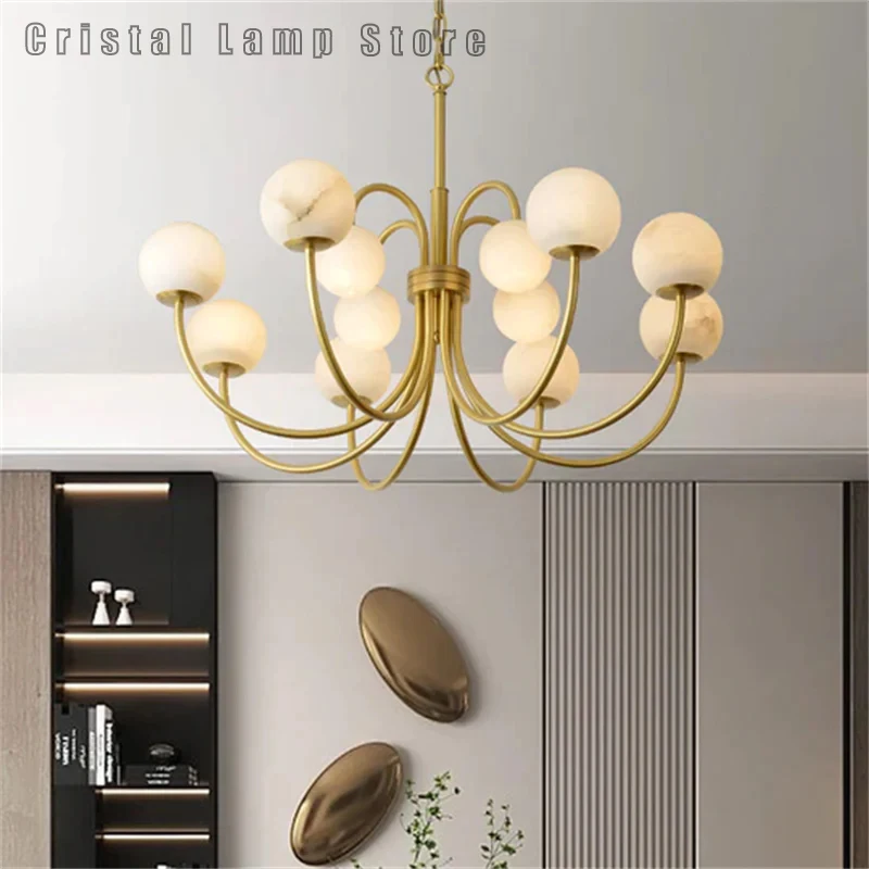 Customized Modern Style Luxury Circular Shape Alabaster Chandeliers Brass Material Restaurant Bedroom Lighting Decoration Design