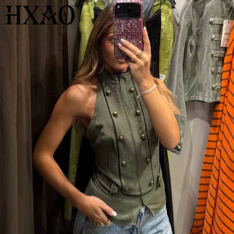 HXAO Green Halter Top Women Summer 2026 Elegant Zip-Up Double-Breasted Backless Sleeveless Top For Women Fashion Streetwear Vest