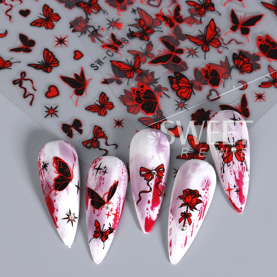 Black Silver Chrome Butterfly Nail Stickers Metal Mirror Star Gilded Design Decals DIY Summer Red Moon Decoration Manicure Wraps