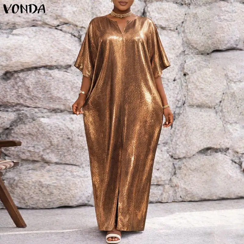 

VONDA Fashion Women Plus Size Dress Summer Short Sleeve Long Maxi Dresses V Neck OL Work Party Vestidos Casual Streetwear