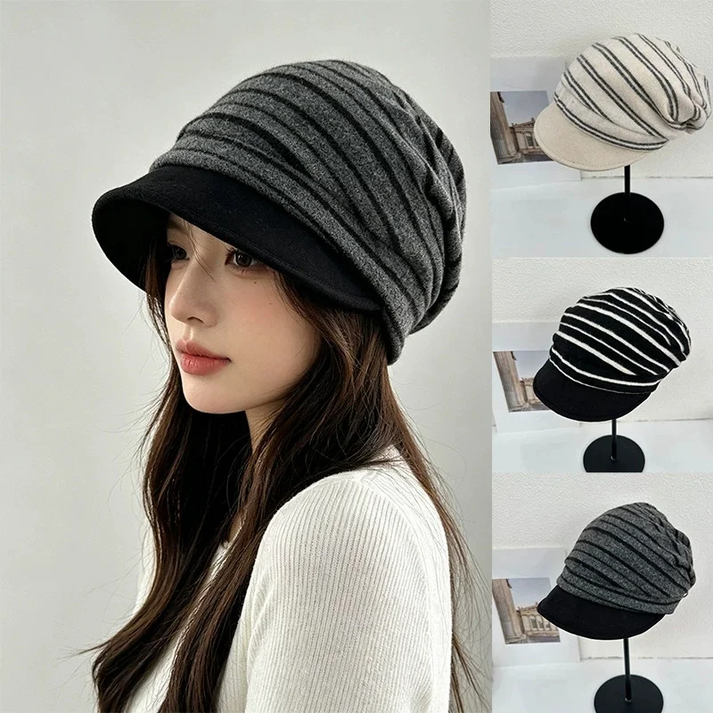Women’s Vintage Knitted Striped Short-Brimmed Baseball Cap—Versatile Beanie for Fall/Winter Casual Wear
