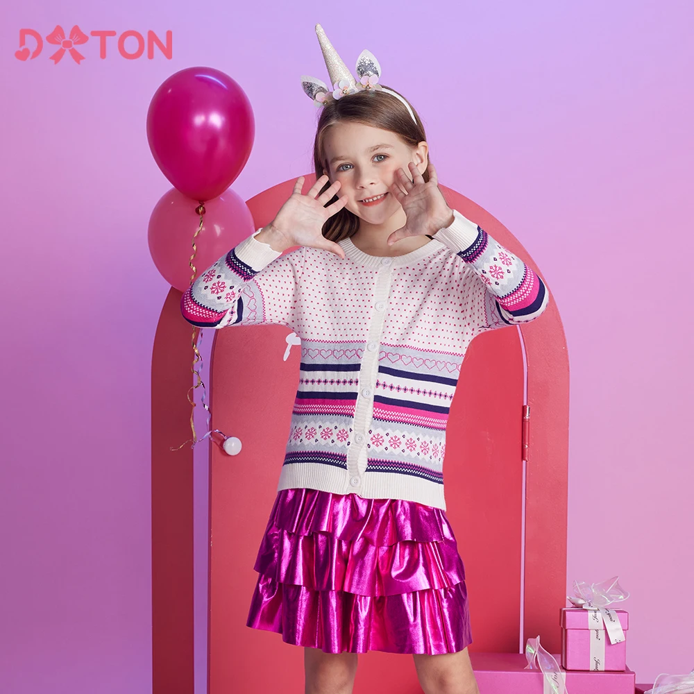 DXTON Girls Cardigans Sweaters Kids Heart Snowflakes Print Autumn Winter Christmas New Year Gift Sweaters Children Tops Clothes