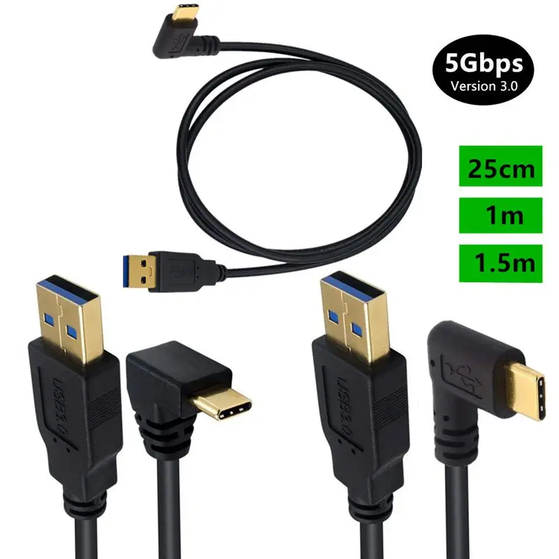 25cm 1m Gold Plated 5Gbps High-Speed USB 3.0 Version A Male to Type-C 90 Degree Bend Computer Laptop Phone Data Charging Cable