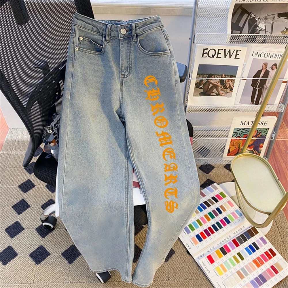

Retro Color Block Letter Print High Waist Wide Leg Jeans Unisex Summer Fashion Slimming Versatile Denim Pants Casual Style