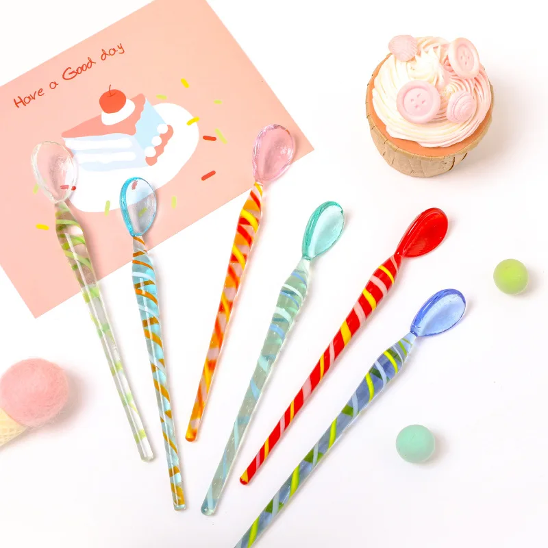 

Beautiful Glass Spoon for Coffee and Cake Colorful Stir Bar Long Handle Creative Juice Color Scoop of Coffee and Cake