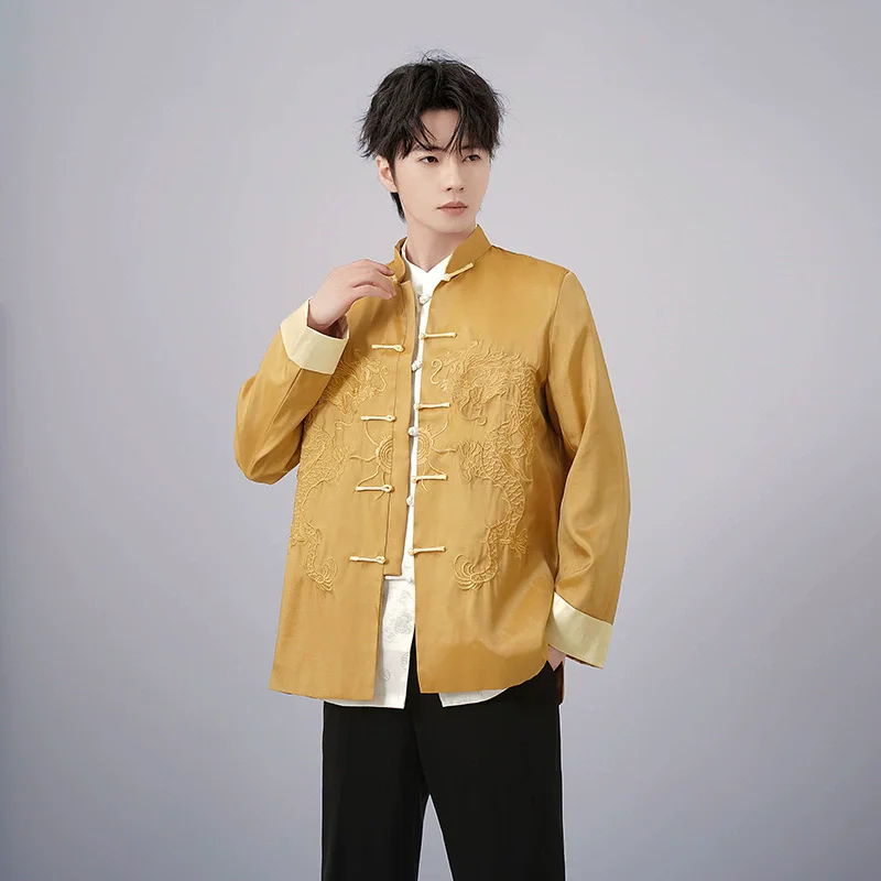 

Chinese Hanfu Tang Clothes Satin Kung Fu Tai Chi Shirt Men Long Sleeve Chesongam Top Embroider Dragon Jacker Festival Gift