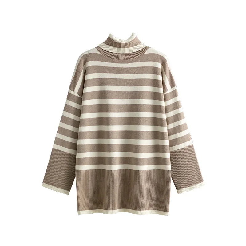 Striped Knitted Turtleneck Sweater Women Pullovers Long Sleeve Jumpers Casual Basics Autumn Sweaters Loose Slight Strech