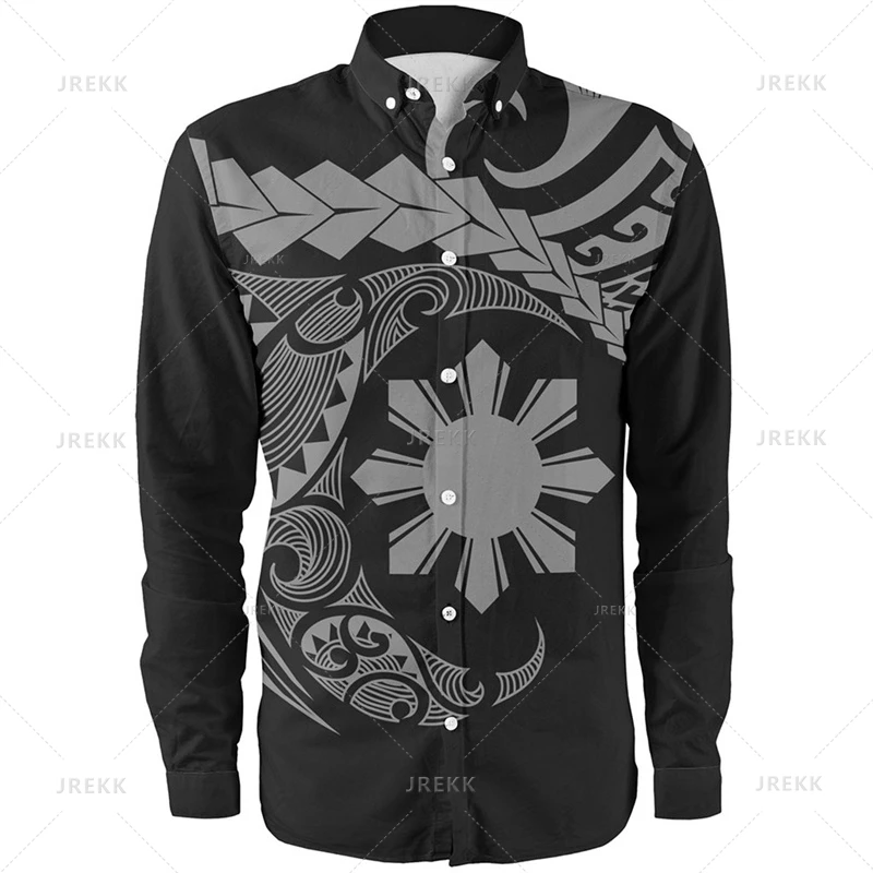 Small Size 3D Philippines Emblem Printed Long Sleeve Shirts Philippines Tribal Patterns Graphic Shirts Blouses Men Vintage Shirt