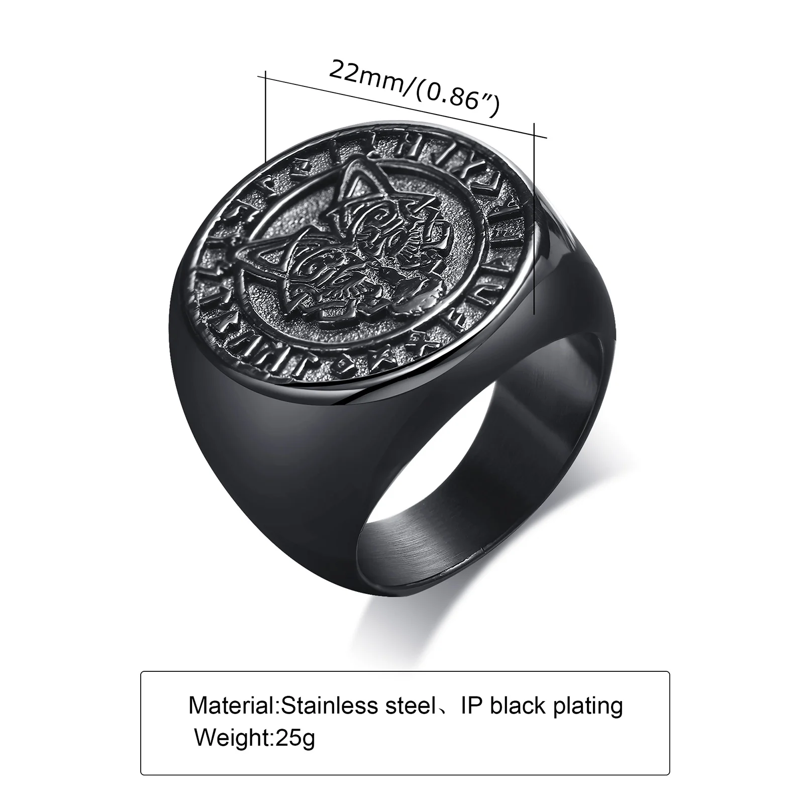 Vnox 22mm Signet Ring for Men, Black Round Top Nordic Viking Wolf Stamp Ring, Vegvisir and Norse Valknut Bold Heavy Punk Ring