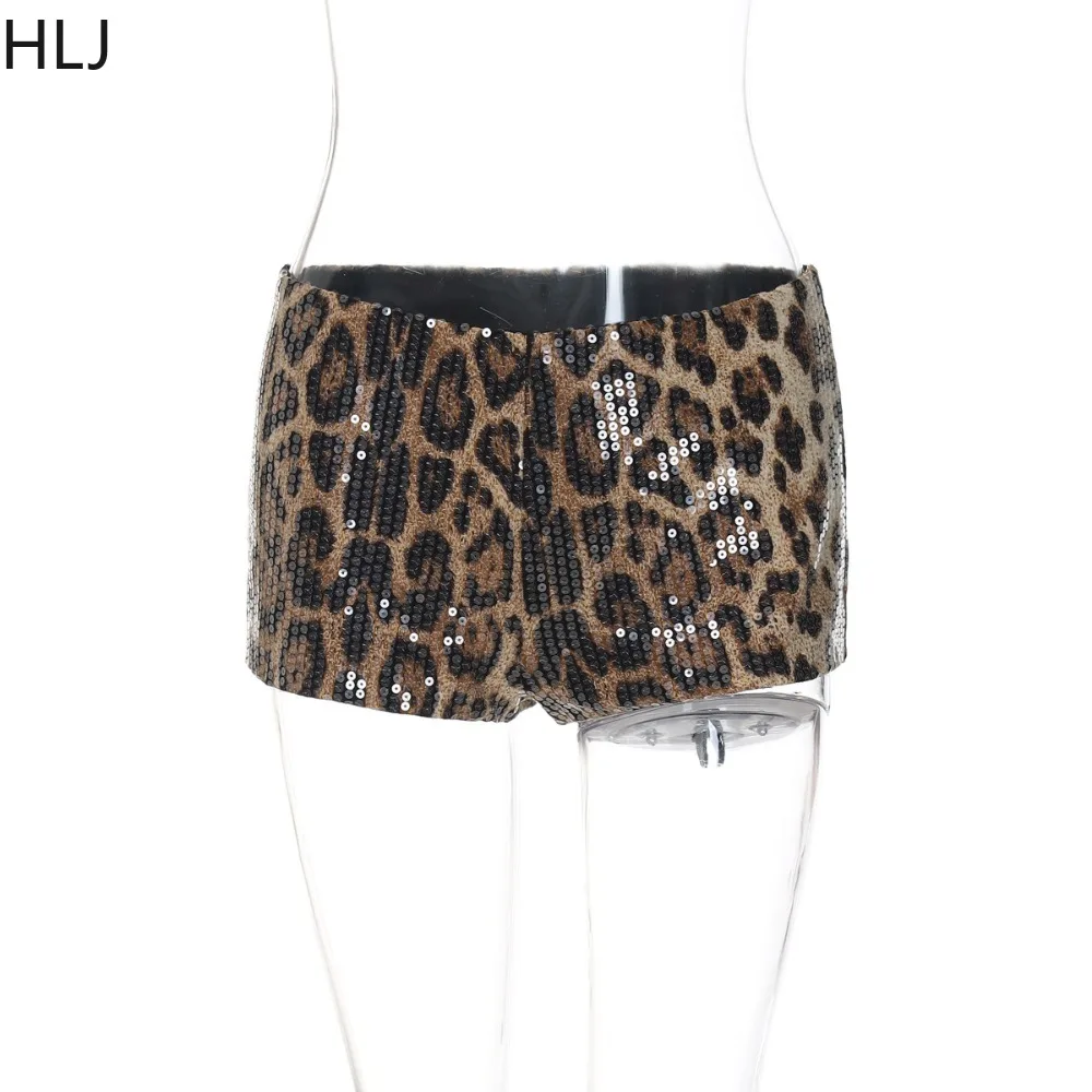 HLJ Fashion Letter Print American Vintage Tshirts Two Piece Sets Women V Neck Long Sleeve Top And Leopard Sequin Shorts Outfits