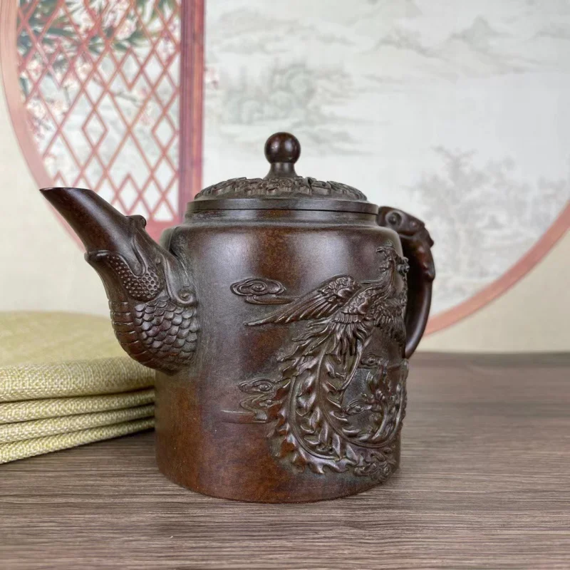 Vintage Dragon and Phoenix Copper Teapot Tea Set Ornament Home Chinese Style Copper Teacup Copper Tea Utensils Tea Brewing Teapo